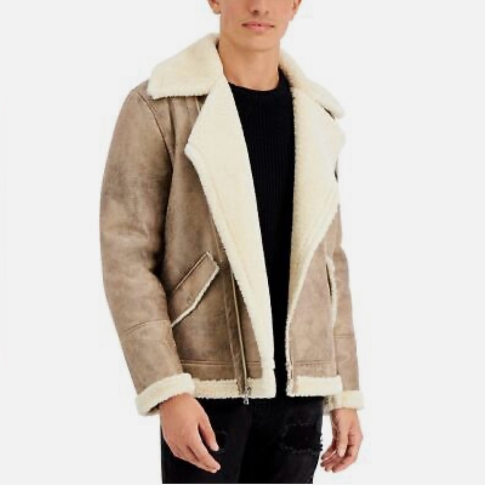 Men’s Coat size small INC Regular Fit Faux Shearling Beige‎ Jacket PERFECT